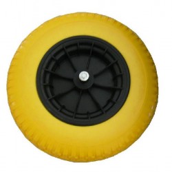 Kruiwagenwiel "nooit meer lek" (geel/ grijs massief) met 20 cm. as