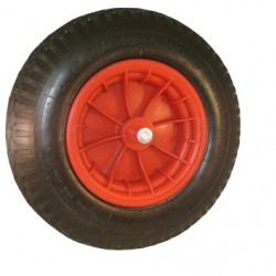 Kruiwagenwiel 400 x 8 met as (13cm.) kogellager, kunststof.